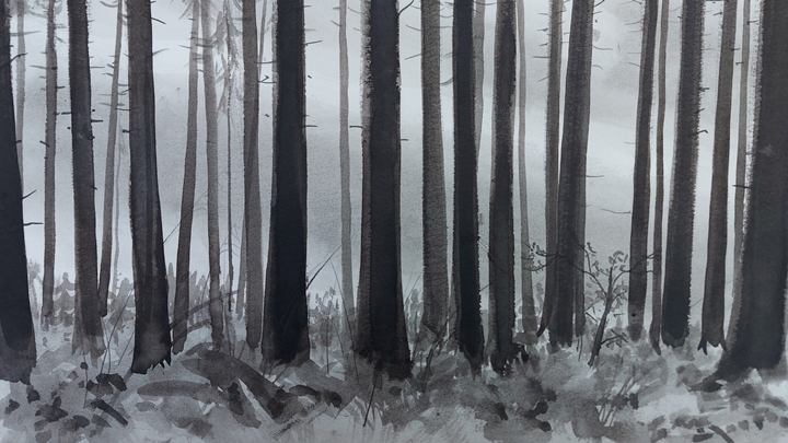Blick in einen Hochwald in Grau-Schattierungen gemalt