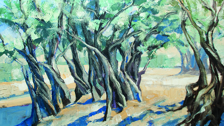 Johannes Ebner: Ölhain in Amari, 2016, Tempera Bergkreide Leinwand